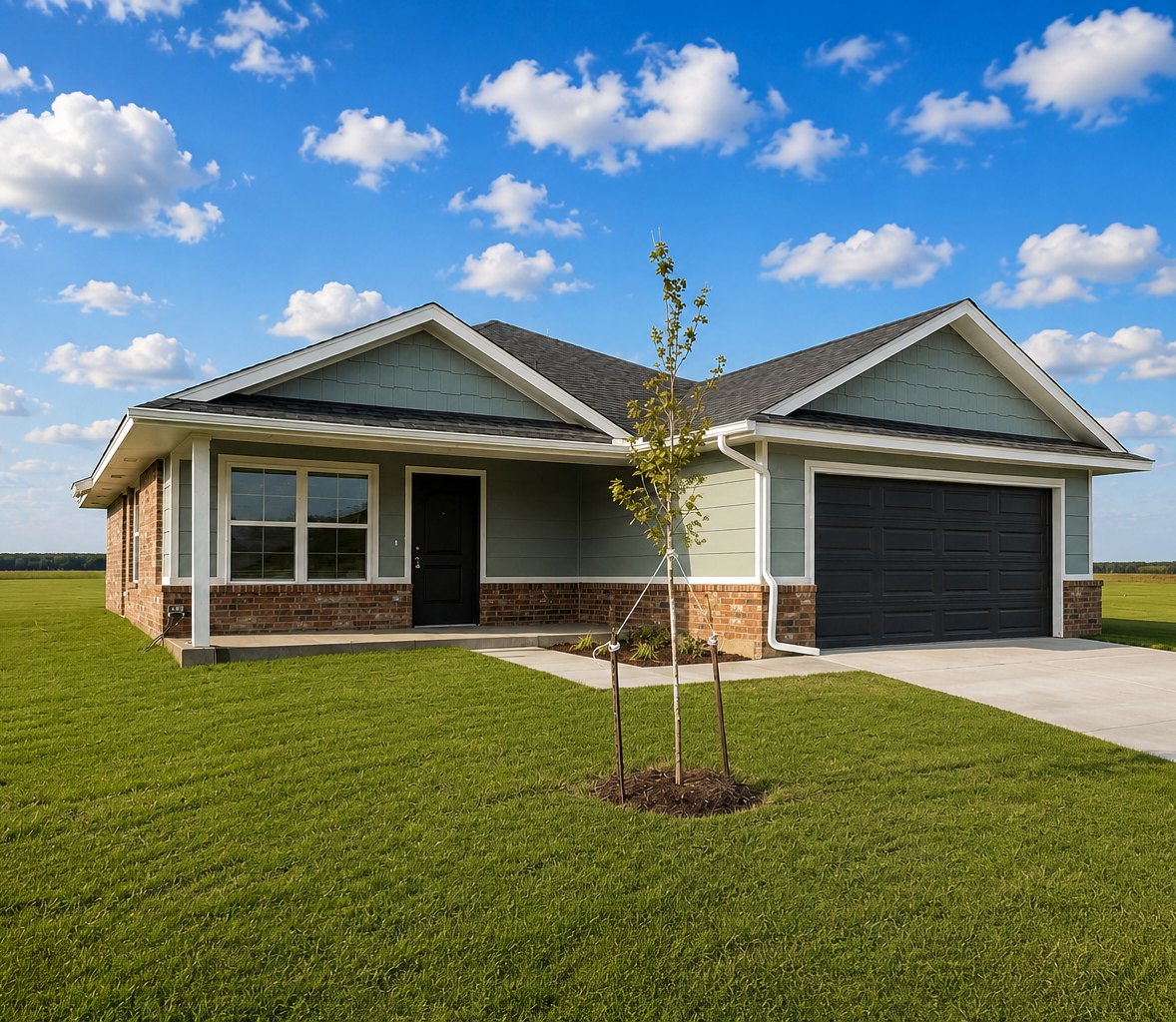 Brand-new single-family home at Enclave Estates: sage-green siding with brick, covered front porch, and 2-car garage